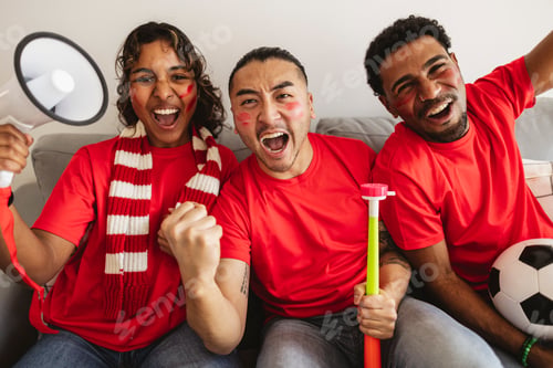 Preview: Diverse friends cheering for soccer team with passion