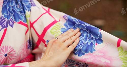 Preview: Kimono, hand and sleeve with woman in Japan city for travel, traditional clothes or heritage pride.