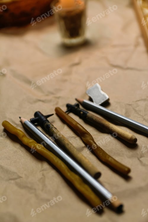 Preview: Tools for decorating Paschal eggs, Pysankas. Rustic background. Collection pens and pencils. Homemad