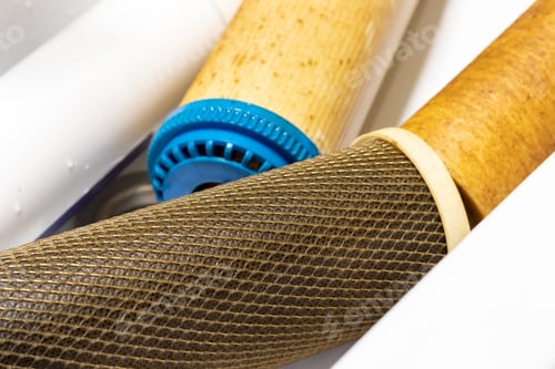 Preview: Used dirty replaceable filter cartridges for drinking water purification closeup