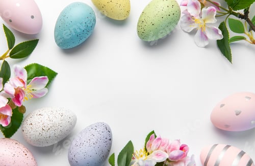 Preview: Pastel easter eggs and pink blossoms creating spring border