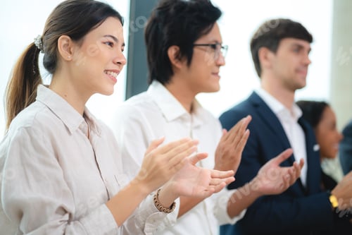 Preview: Happy colleagues business group applauding, partner team clapping to their company teamwork