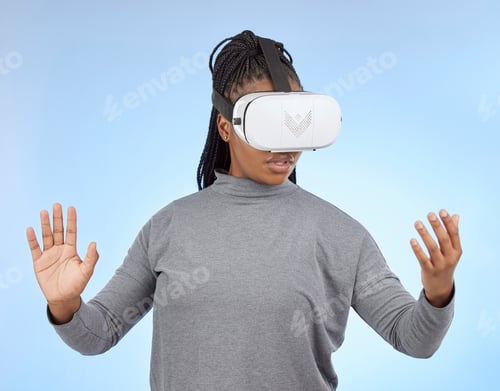 Preview: Vr, gaming and wow with black woman and metaverse for future, cyber and 3d system. Media, ui and we