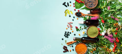 Preview: Holistic medicine approach. Healthy food eating, dietary supplements, healing herbs and flowers