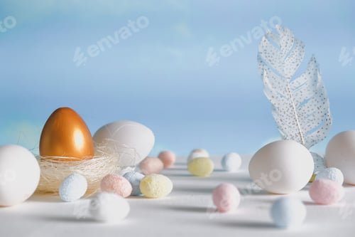 Preview: Happy easter.Easter poster with colorful easter sweet eggs and yellow car.Spring easter