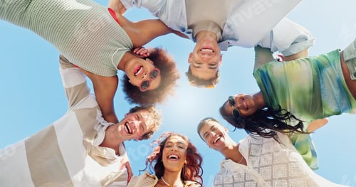 Preview: Happy people, portrait and below with circle in huddle for inclusion, bonding or summer together in