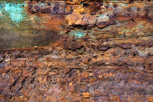 Preview: Corrosion of nails and rusty metal plates on wooden boat walls