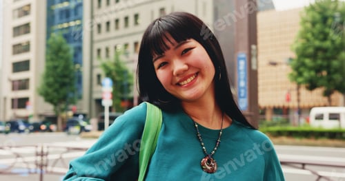 Preview: Smile, portrait and student with Japanese woman in city for travel, college campus and commute. Hap