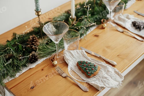 Preview: Stylish Christmas table setting. Christmas tree cookie on plate, napkin, cutlery, fir branches