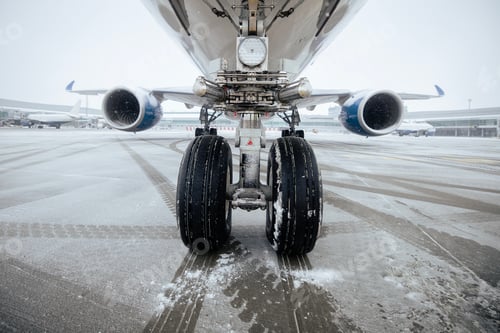 Preview: Front view of airplane landing gear on winter day