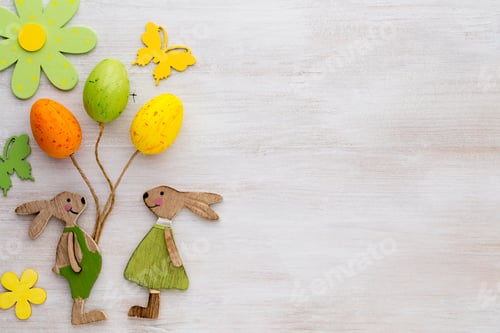 Preview: Spring and Easter decor. Wooden symbols bunny, flowers and butterflies.