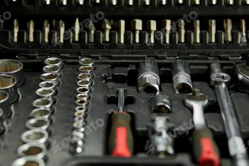 Preview: Open set box with working tools different types