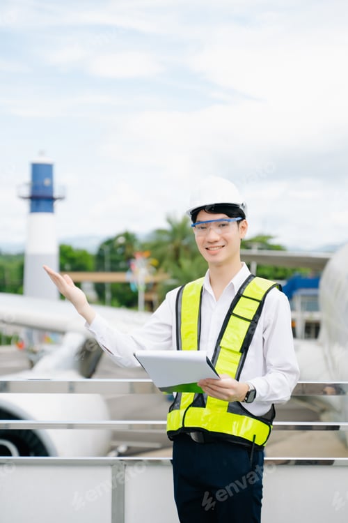 Preview: Male aviation engineer in safety gear inspecting an airplane engine, embodying professionalism