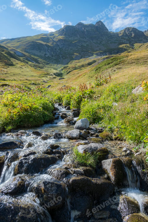 Preview: A river streaming in a middle of a green landscape in the Tour Du Mount Blanc