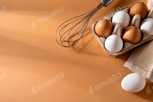 Preview: Brown and white chicken egges on beige background. Chicken eggs on the table.