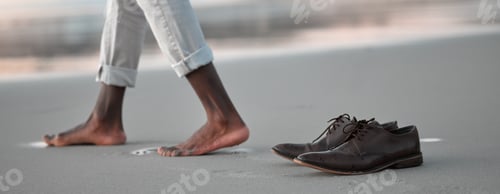 Preview: Shoes, walk and beach for business man, freedom and sunset to relax in nature by water after work.