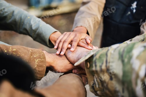 Preview: Mission, paintball team or hands in huddle for strategy, hope or soldier training on war battlefiel