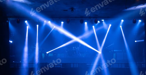 Preview: Empty stage concert with lighting laser beam spotlight show in disco pub club bar for party music