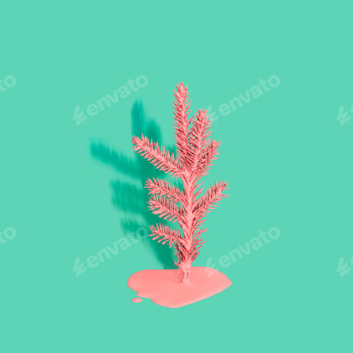 Preview: Painted Christmas tree with flowing paint and shadow on mint green background. Minimal holiday