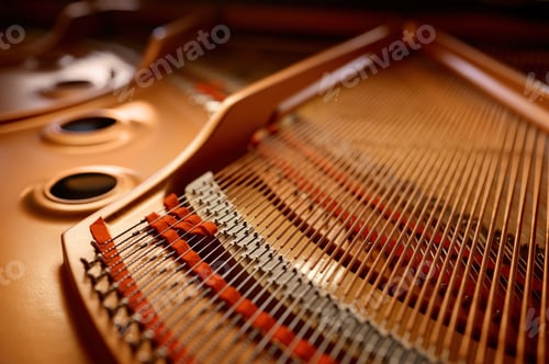 Preview: Selective focus closeup view on hammers and strings inside grand piano