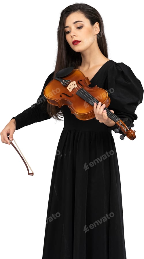 Preview: a woman in a black dress holding a violin and a wand