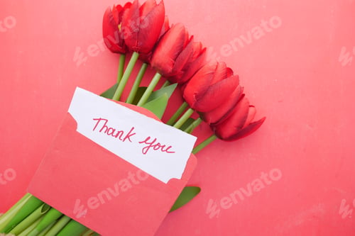 Preview: thank you message, envelope o and red tulip flower on ted background