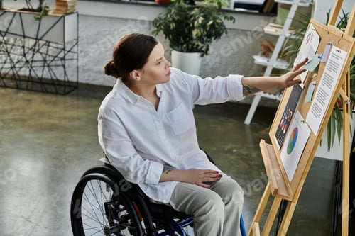 Preview: Young businesswoman in wheelchair working in modern office