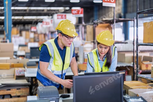 Preview: Staff working in large depot storage warehouse trainee check packing box and scan at cashier counter
