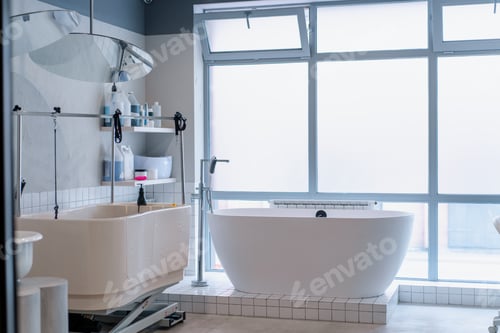 Visualização: banheira profissional para banhar animais em um salão de beleza para cuidar de animais de estimação