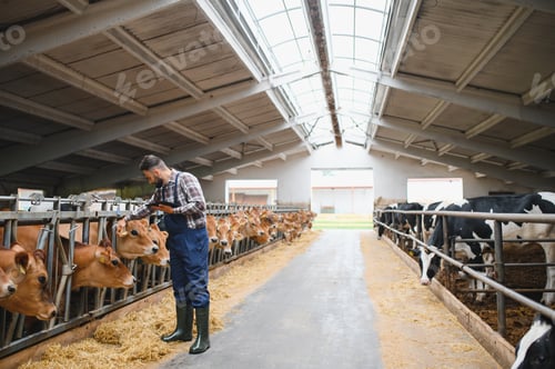 Vista previa: Farmer using tablet and examining cows in modern barn