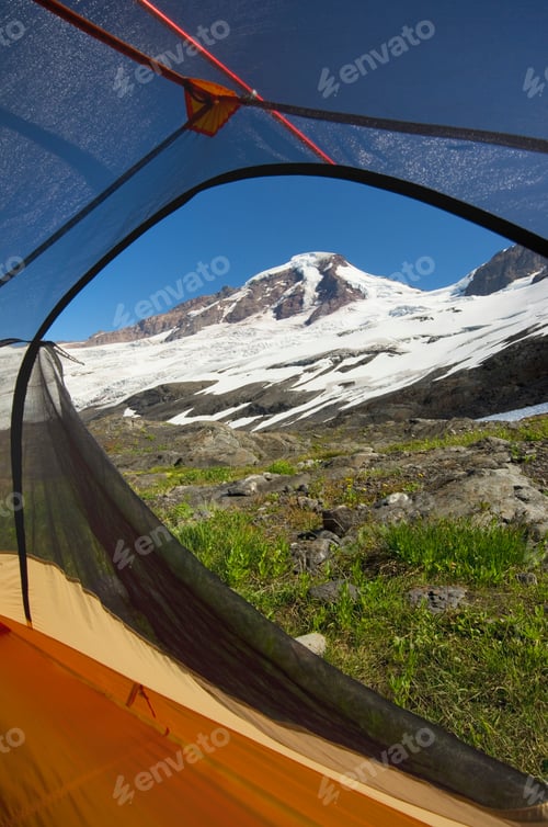 Preview: View from tent under snowy mountainside