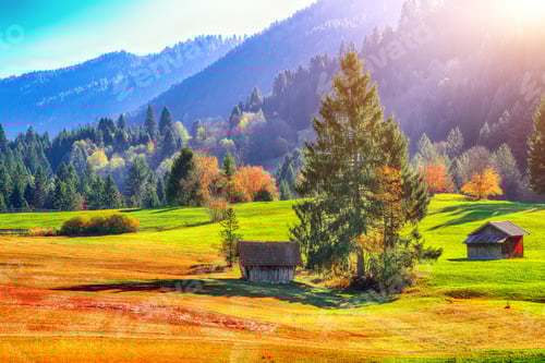 Preview: Splendid view of alpine meadow near Wagenbruchsee (Geroldsee) lake with wooden huts