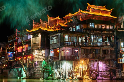 Preview: Traditional buildings at night, Fenghuang, Hunan, China