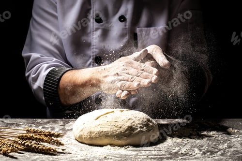 Preview: Preparing traditional homemade bread. Close up view of baker kneading dough. Homemade bread
