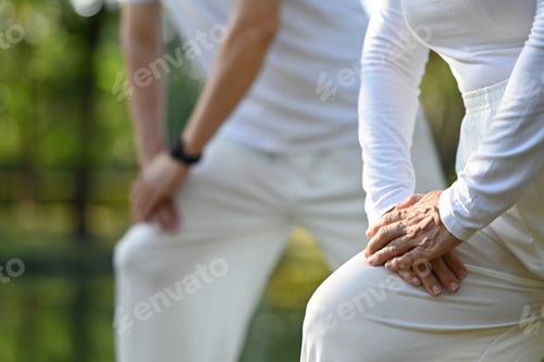 Preview: Cropped image of senior people doing Tai Chi exercise in the park.