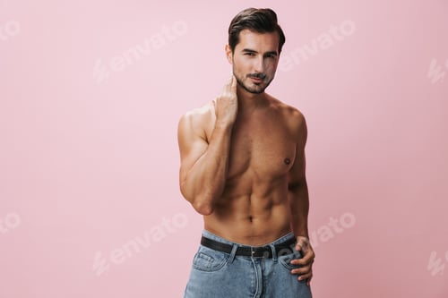 Preview: Man sport muscular lifestyle holiday torso jeans body background pink naked sexy fitness muscle belt