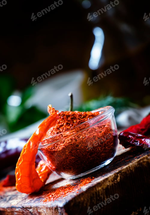 Dried Chili Peppers and Spices on Wooden Surface