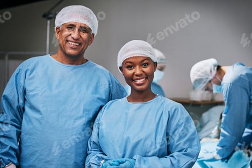 Preview: Theatre, portrait and happy doctors in hospital teamwork, leadership and medical surgery with inter