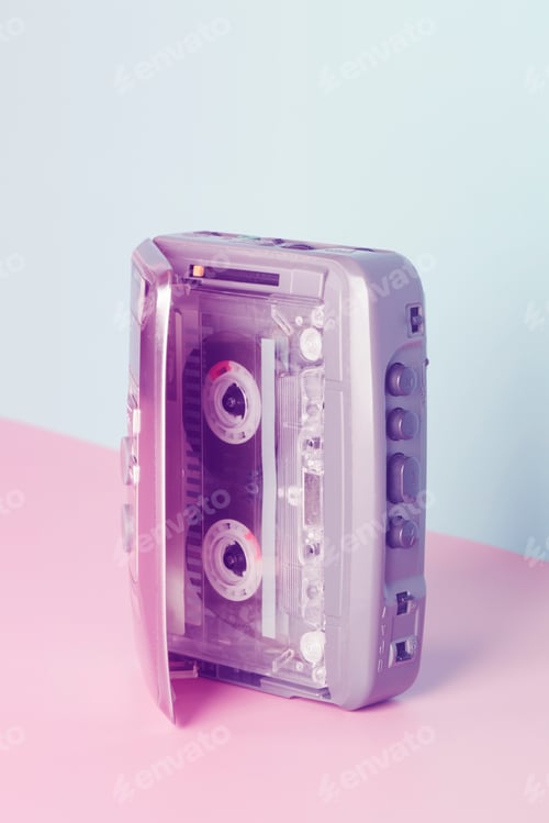 Preview: Old audio player with cassette on neon color. retro style. vintage music concept