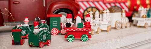 Preview: Wooden toy train. Christmas trip. Christmas card. toy vintage steam locomotive.New year celebration