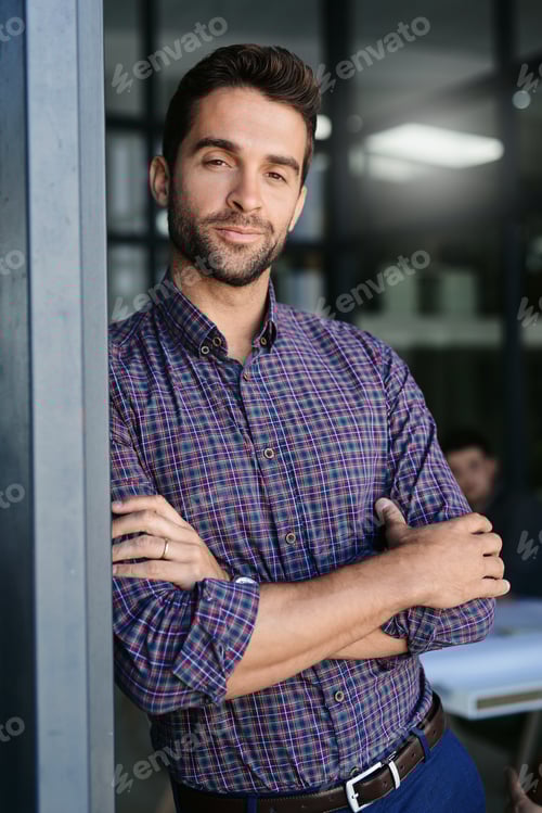 Preview: Confident Man Leans Casually Against a Door Frame