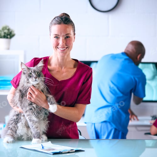 Preview: Portrait Of Female Vet Examining Pet Cat In Surgery With Veterinary Team In Background