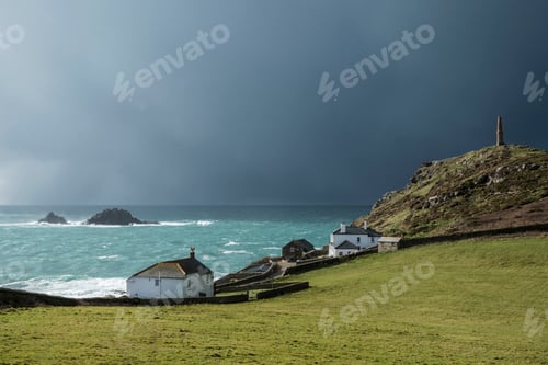 Preview: Cot Valley, St Just, West Cornwall coastline. View of cottages overlooking the coast and the Brisons