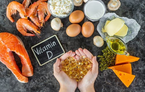 Preview: Products containing vitamin D. Selective focus.