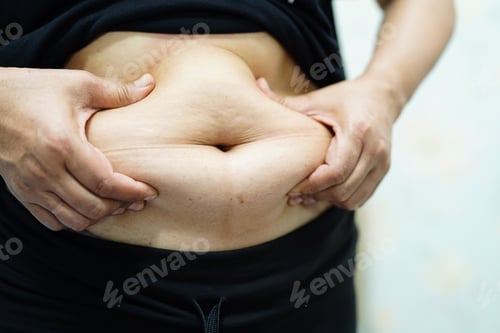 Preview: Overweight Asian woman show fat belly at office.