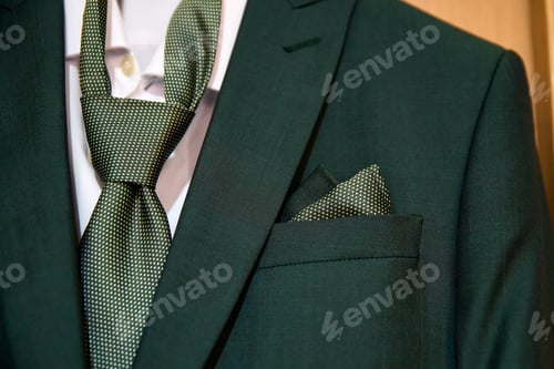 Preview: Green groom's suit, tie and handkerchief hanging on a door