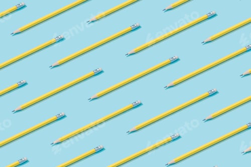 Preview: Pattern composition of yellow pencils on pastel blue background. Minimalist isometric concept.