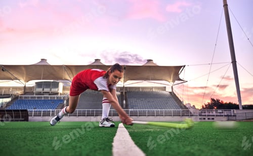 Preview: Sports, hockey and woman in stadium training for game, match or competition. Fitness, healthcare an