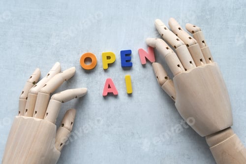 Preview: AI artificial intelligence concept - robot hand spelling out Open AI