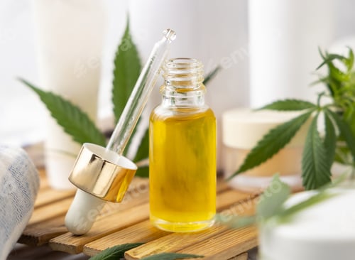 Preview: Dropper bottle with CBD oil near green cannabis leaves near bottles and towel close up